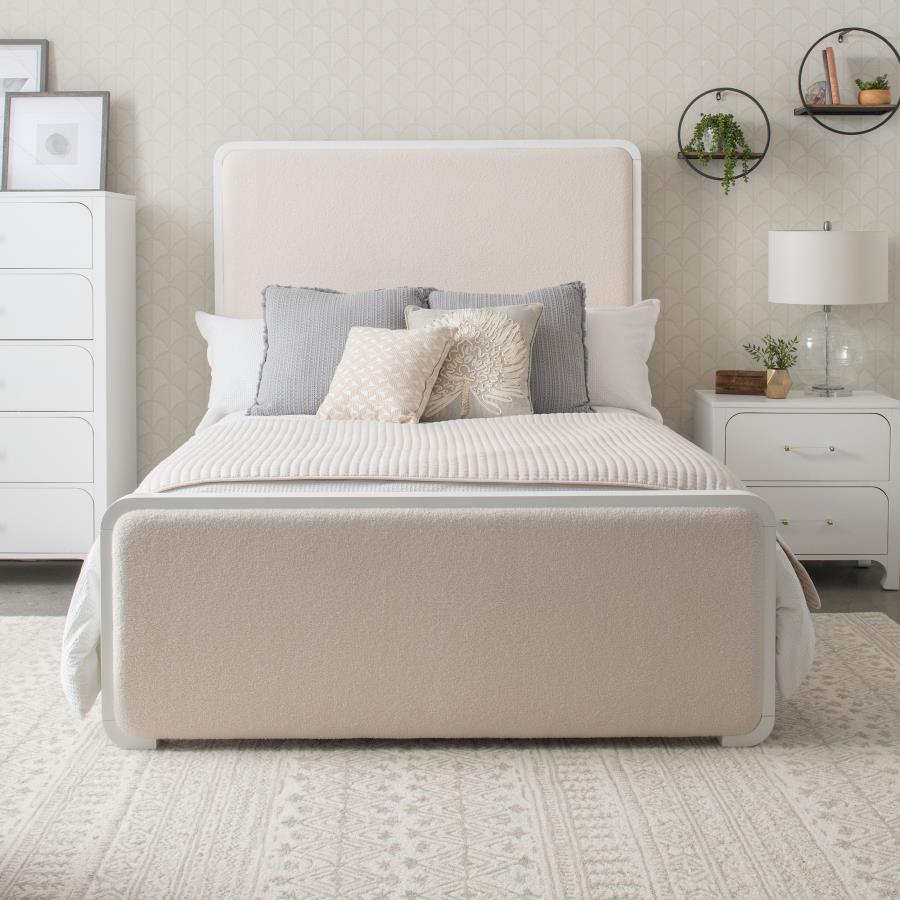 224751Q Lit à panneaux rembourré Anastasia Boucle 4 pièces, blanc perle et beige 