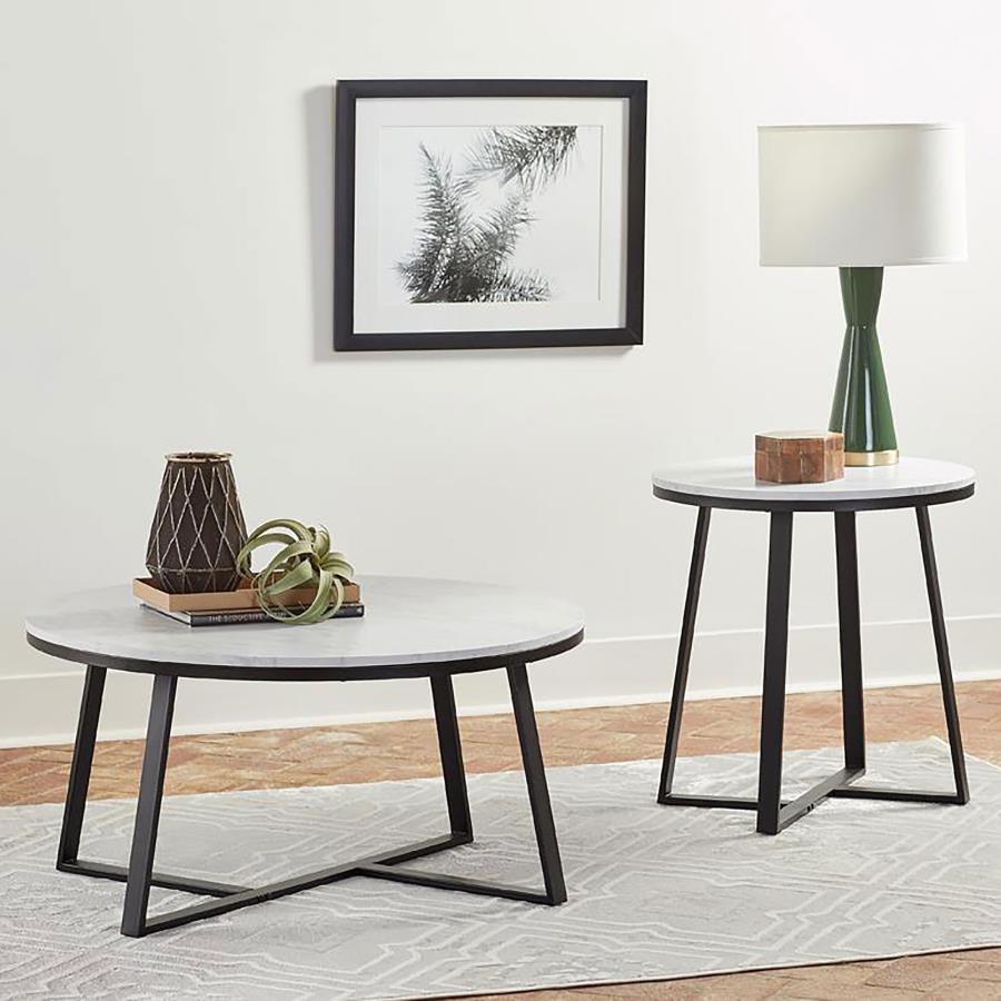 723238 Table basse ronde Hugo en faux marbre blanc et noir mat 