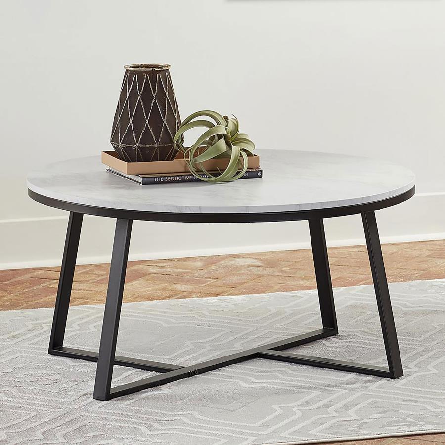 723238 Table basse ronde Hugo en faux marbre blanc et noir mat 