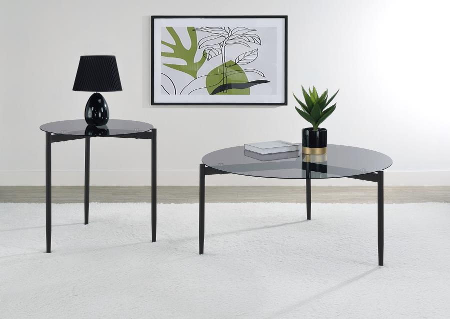 710168 Table basse ronde Rosalie avec plateau en verre fumé, noir sable 