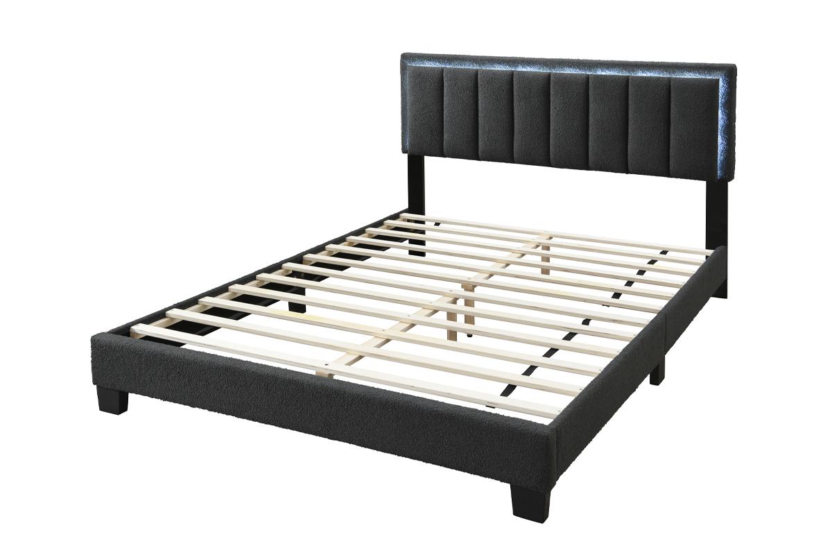 Lit queen-size plateforme en tissu F9660Q avec LED