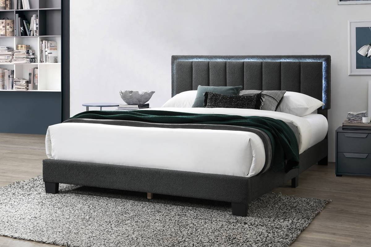Lit queen-size plateforme en tissu F9660Q avec LED