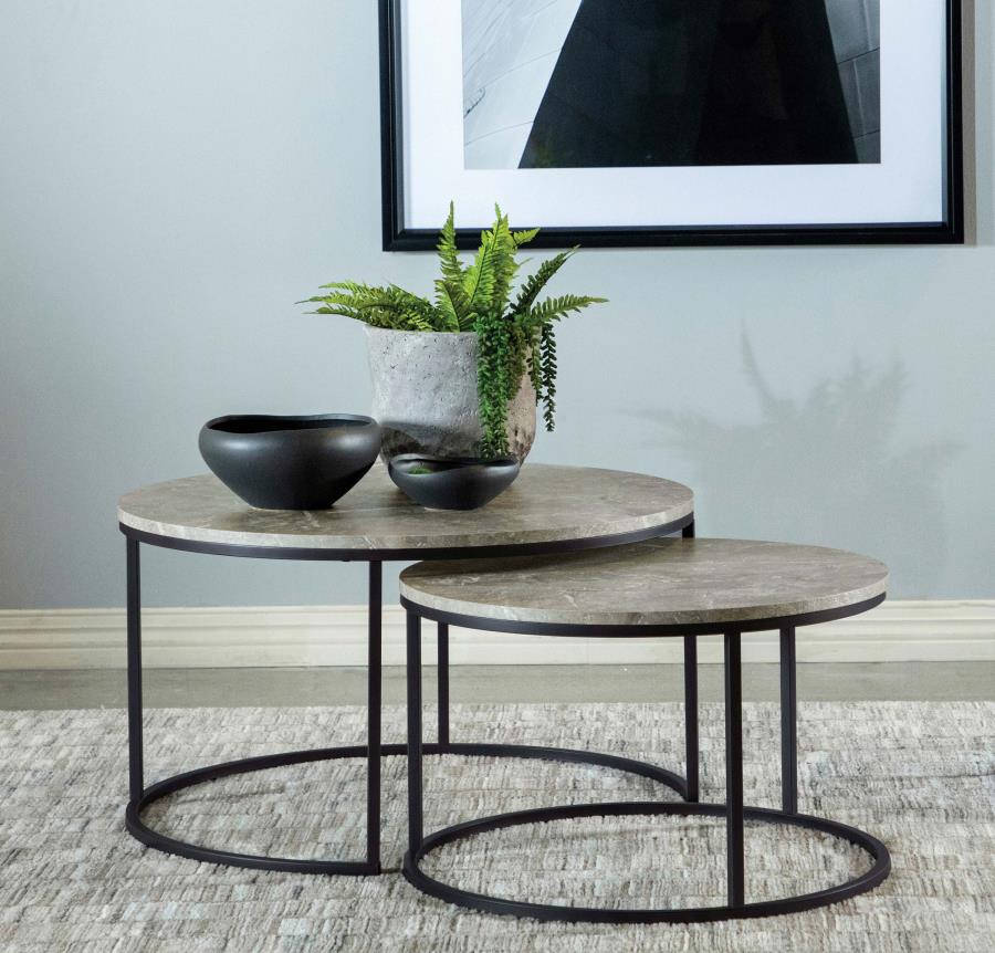 736028 Table basse gigogne ronde 2 pièces en faux marbre Lainey, gris 