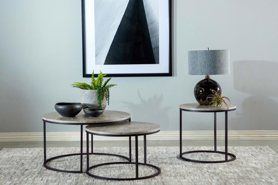 736028 Table basse gigogne ronde 2 pièces en faux marbre Lainey, gris 