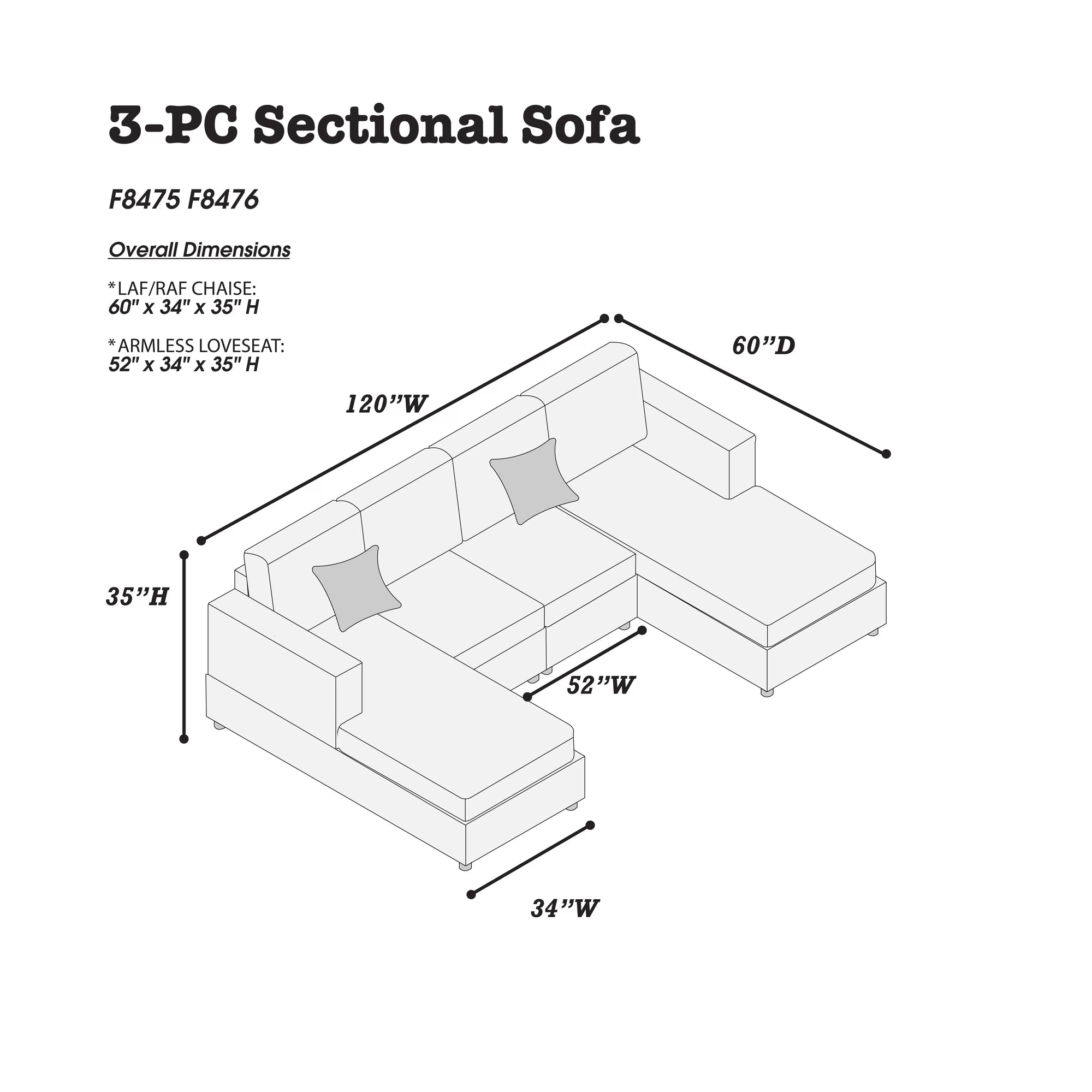 Canapé sectionnel 3 pièces F8407 - Noir 