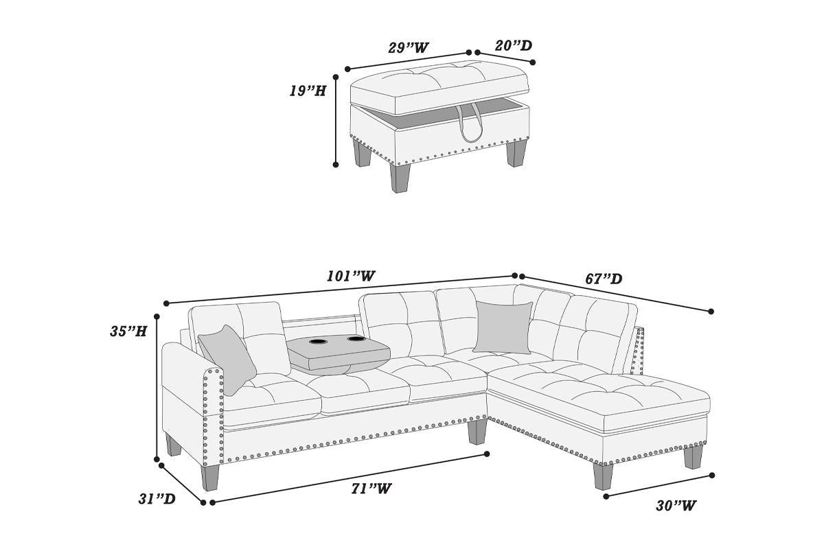 F8886 Ensemble 2 pièces sectionnel et pouf de rangement