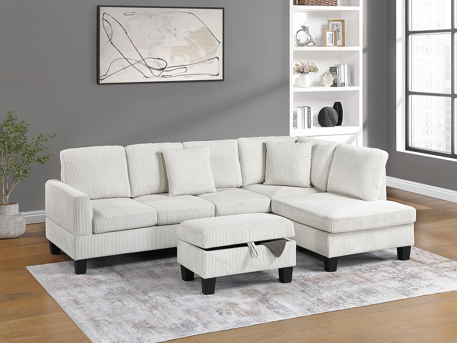 Ensemble sectionnel 3 pièces F8474 avec pouf - Beige