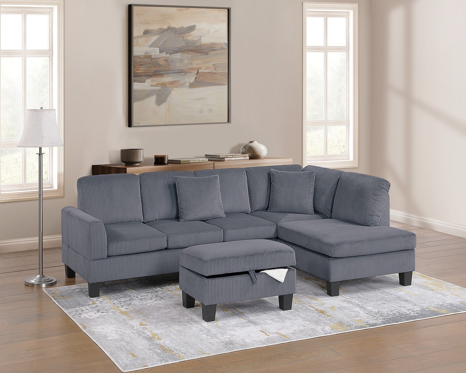 Ensemble sectionnel 3 pièces F8473 avec pouf - Gris foncé