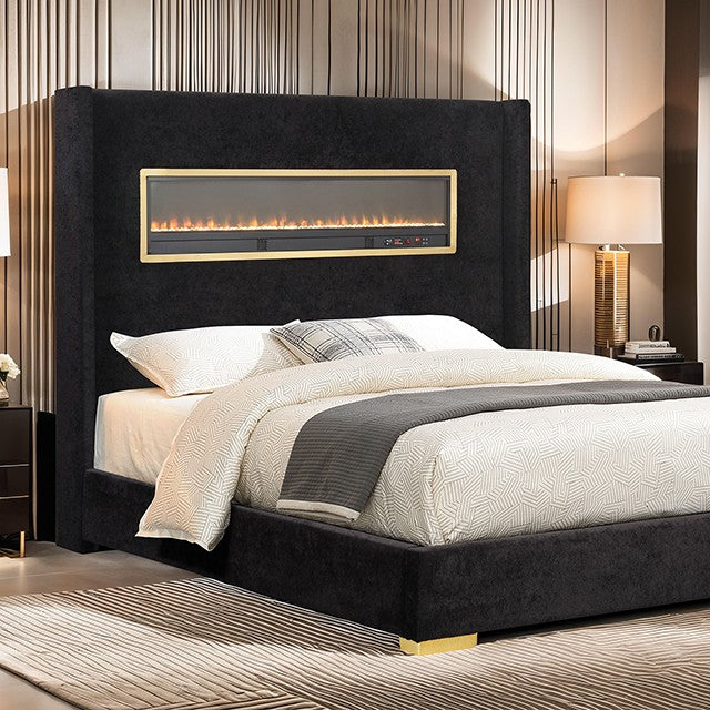 FM74003BK Lit Queen Danvers avec cheminée simulée, Bluetooth et USB