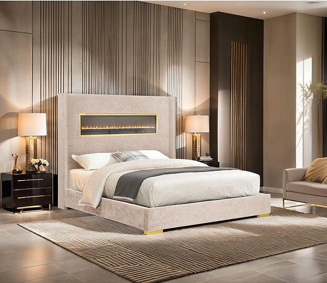 FM74003BG Danvers Lit Queen avec cheminée simulée, Bluetooth et USB