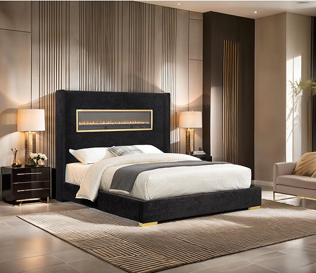 FM74003BK Lit Queen Danvers avec cheminée simulée, Bluetooth et USB