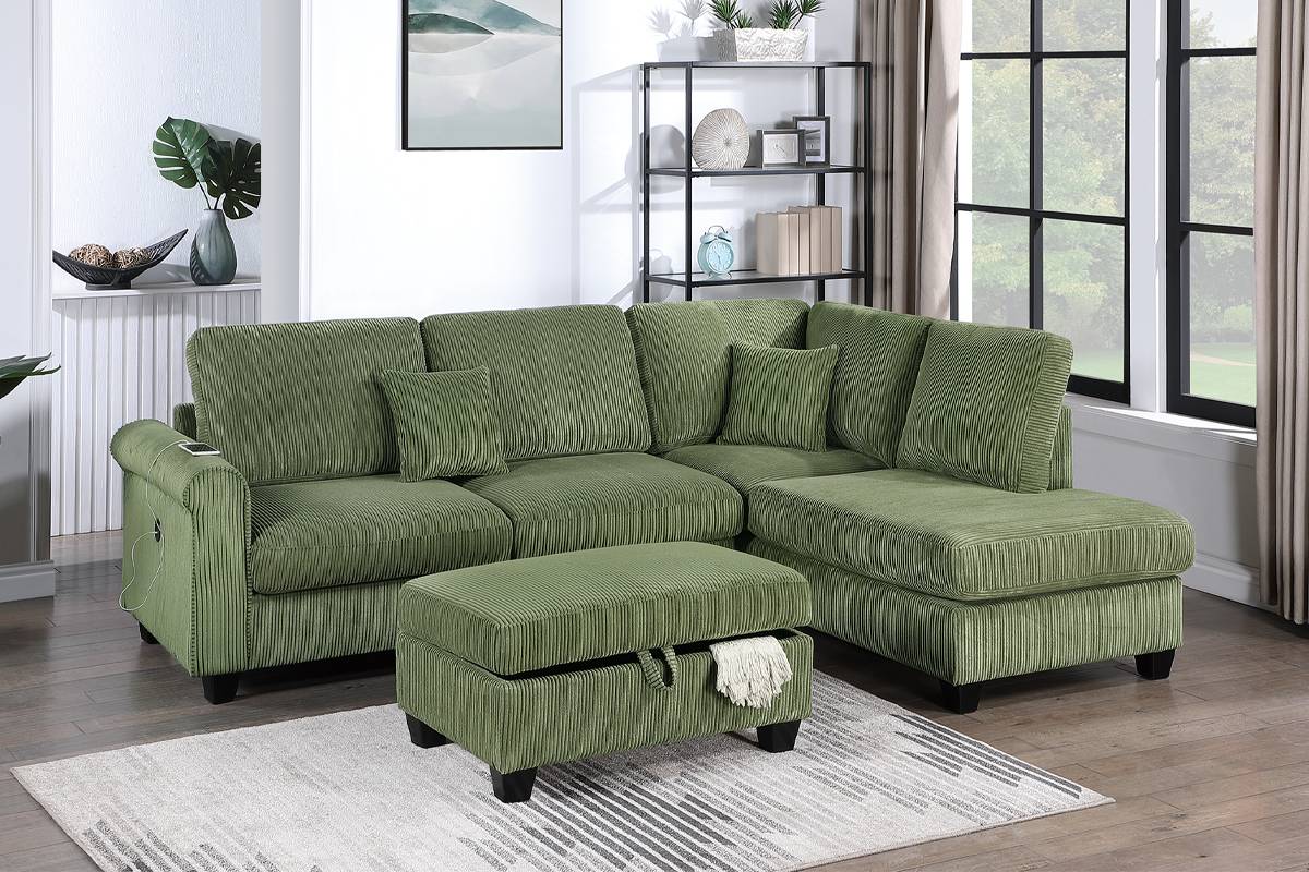 Ensemble sectionnel 3 pièces F8454 avec port USB et pouf de rangement 