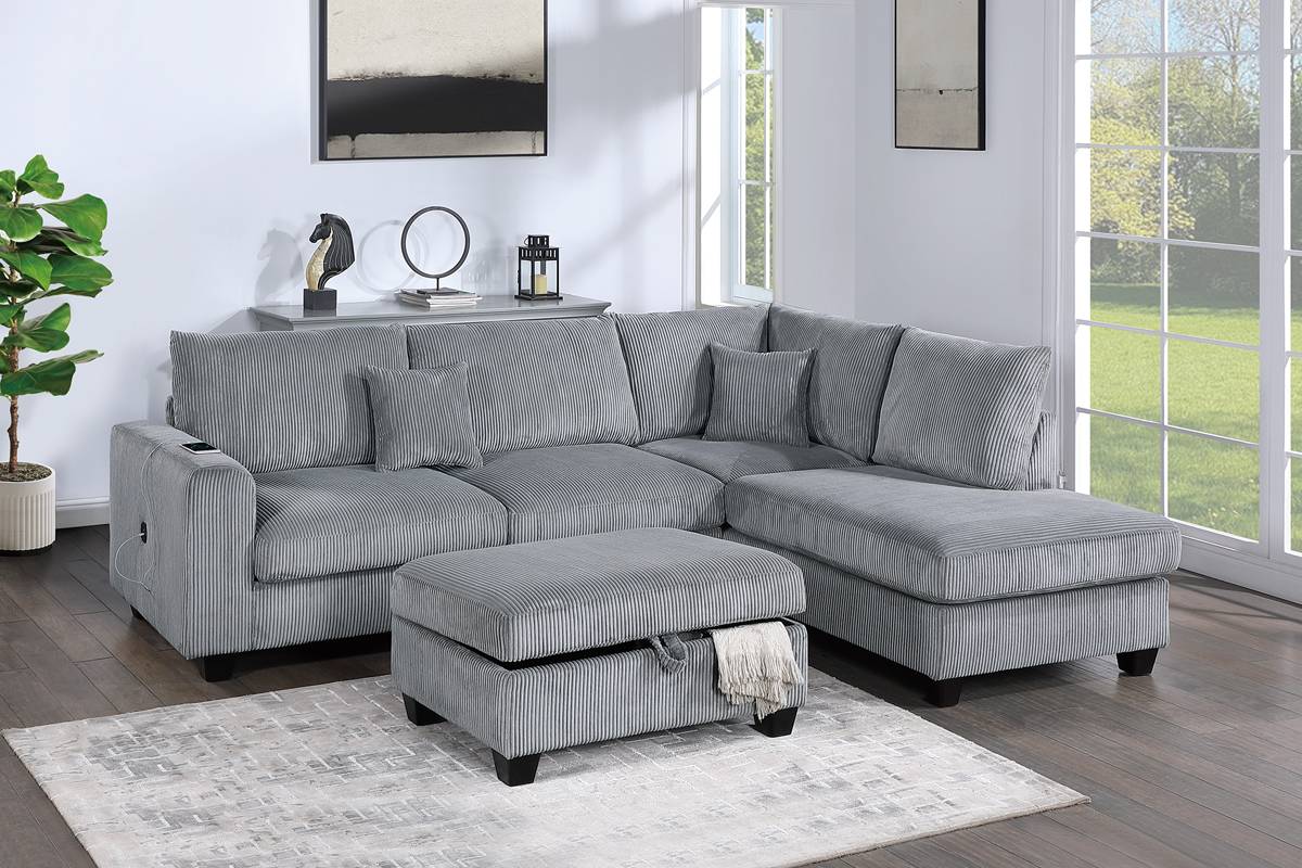 F8451 Sectionnel avec port USB et pouf de rangement 