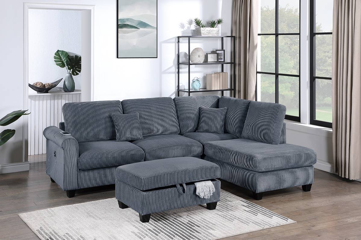 F8453 Canapé sectionnel 3 pièces avec port USB et pouf de rangement 