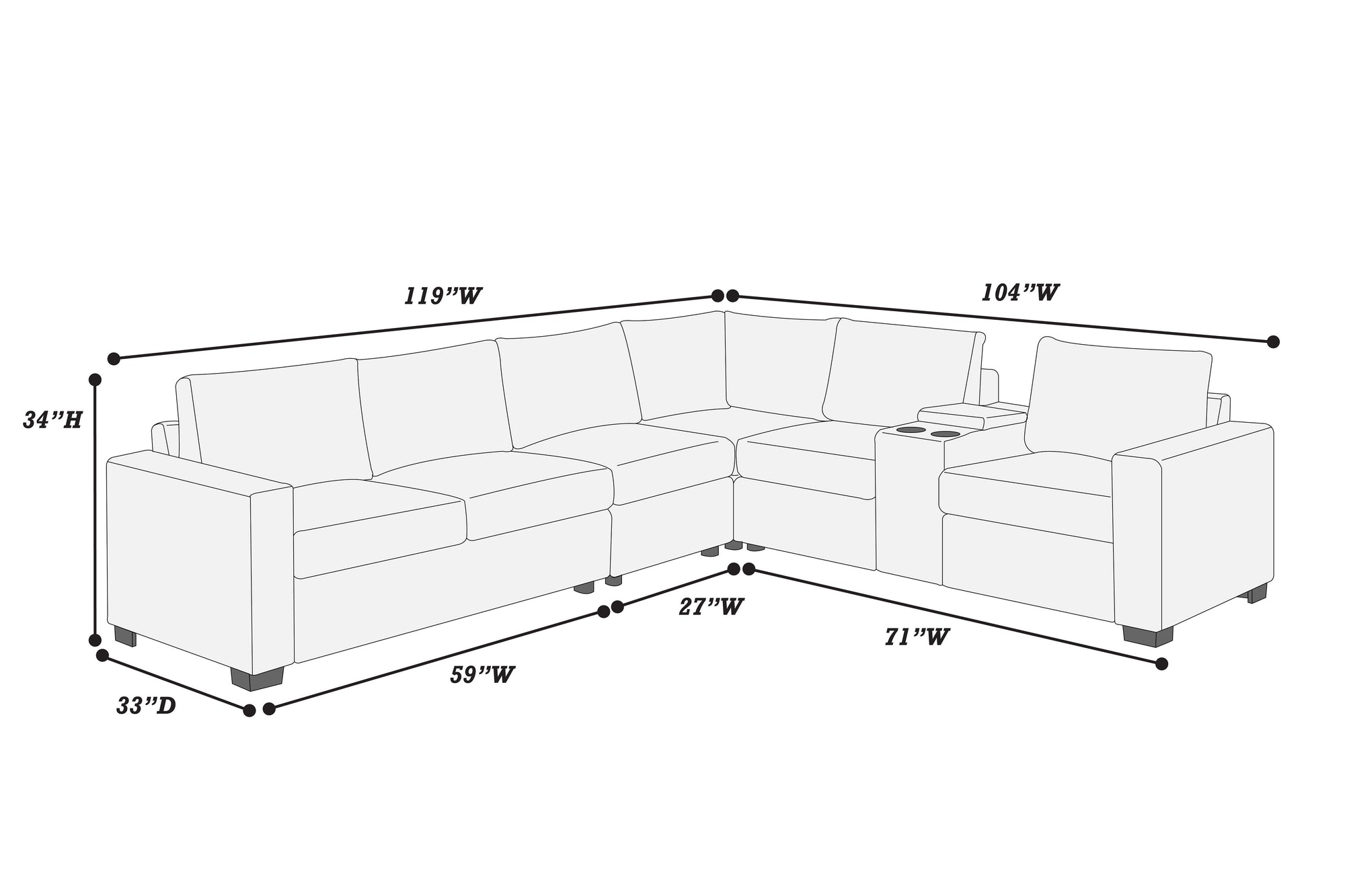 Ensemble sectionnel 4 pièces F8470 avec console, port USB et porte-gobelets 