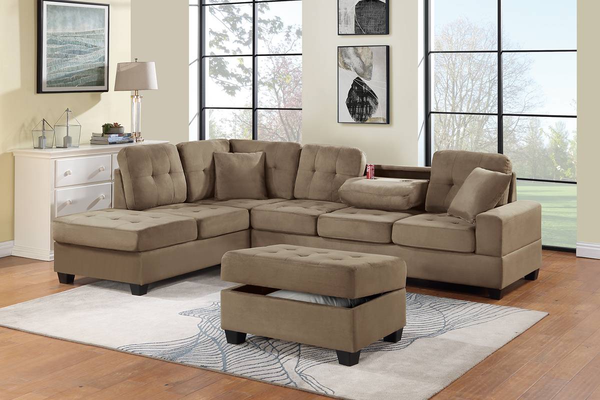 F8426 Canapé sectionnel réversible 3 pièces avec pouf de rangement