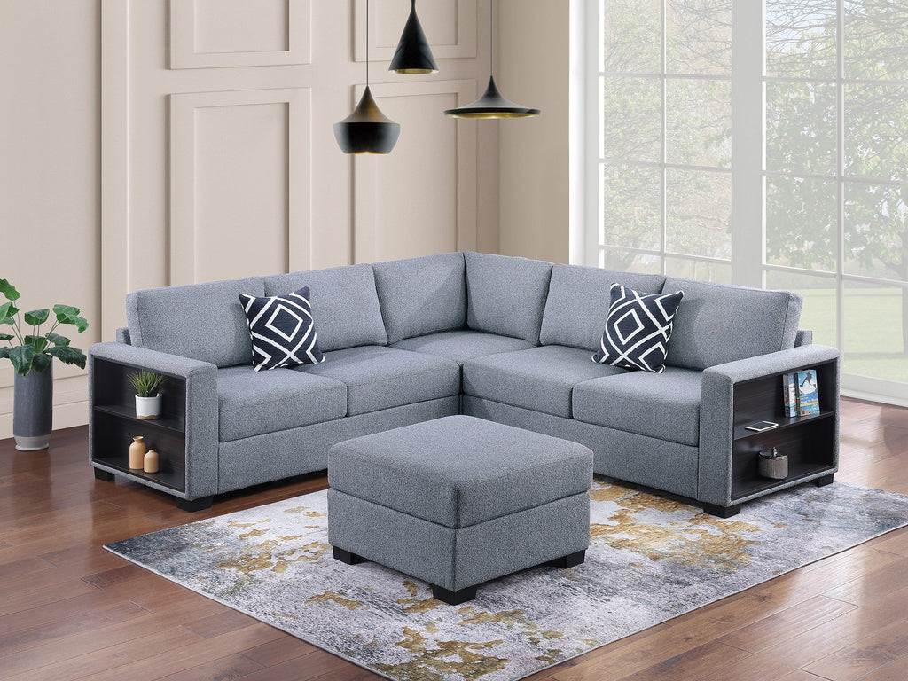 F8495 Canapé sectionnel 4 pièces avec étagère intégrée et pouf cocktail 