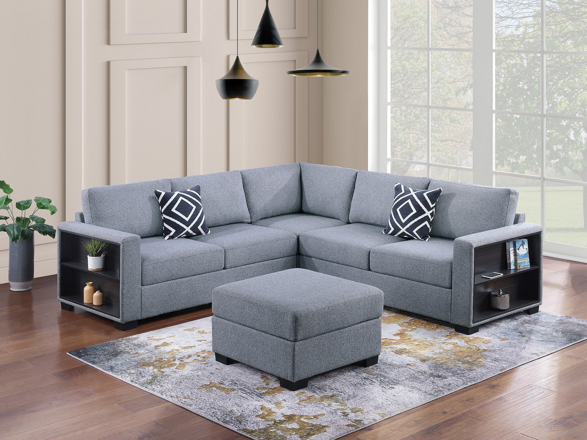 F8495 Canapé sectionnel 4 pièces avec étagère intégrée et pouf cocktail 
