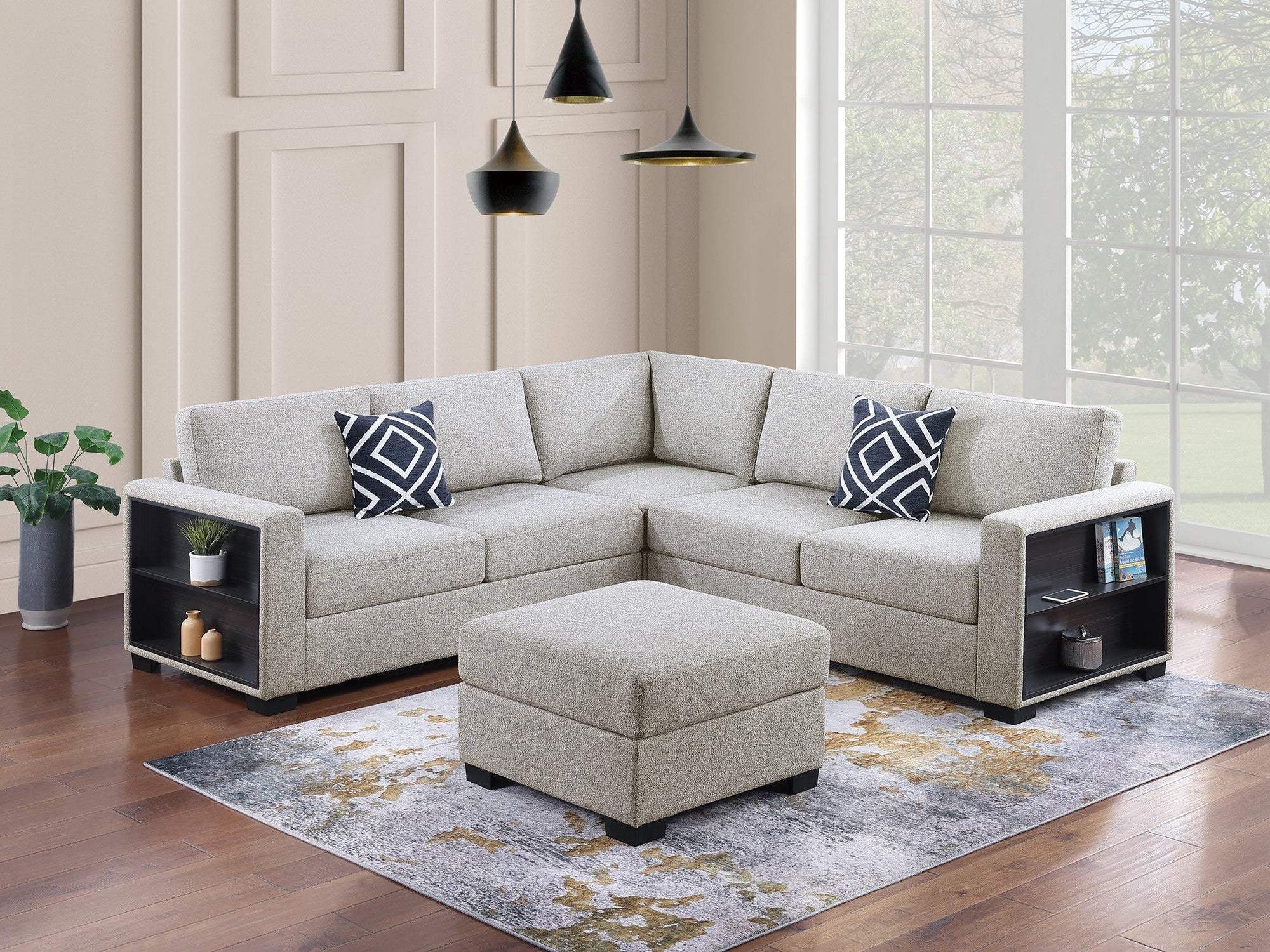 Canapé sectionnel 4 pièces F9496 avec étagère intégrée et pouf cocktail 
