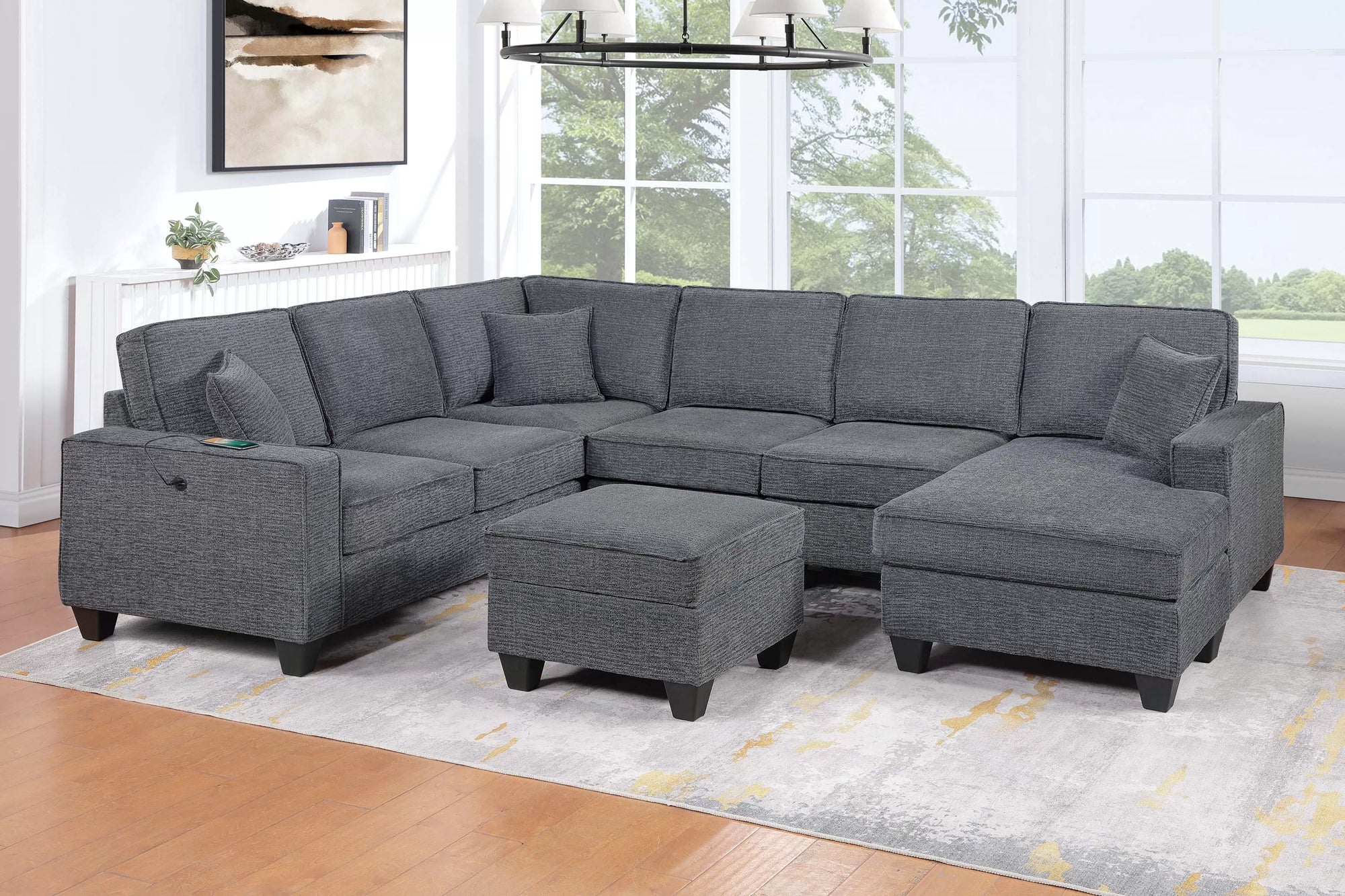 Canapé sectionnel 5 pièces F8374 avec ports USB - Chenille grise