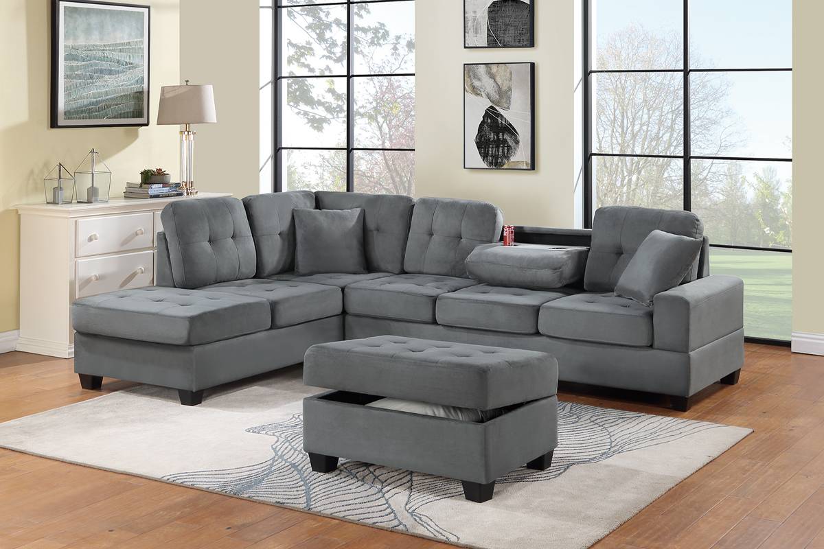 F8435 Sectionnel avec plateau rabattable et pouf de rangement