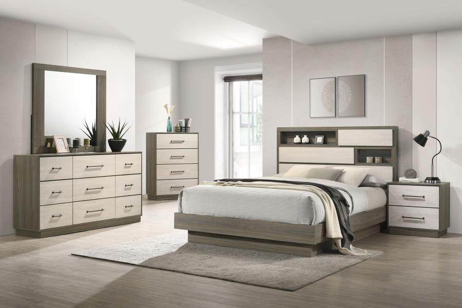 224981Q-S4 Ensemble de chambre à coucher Fenwick 4 pièces avec lit queen size et plateforme, chêne gris 