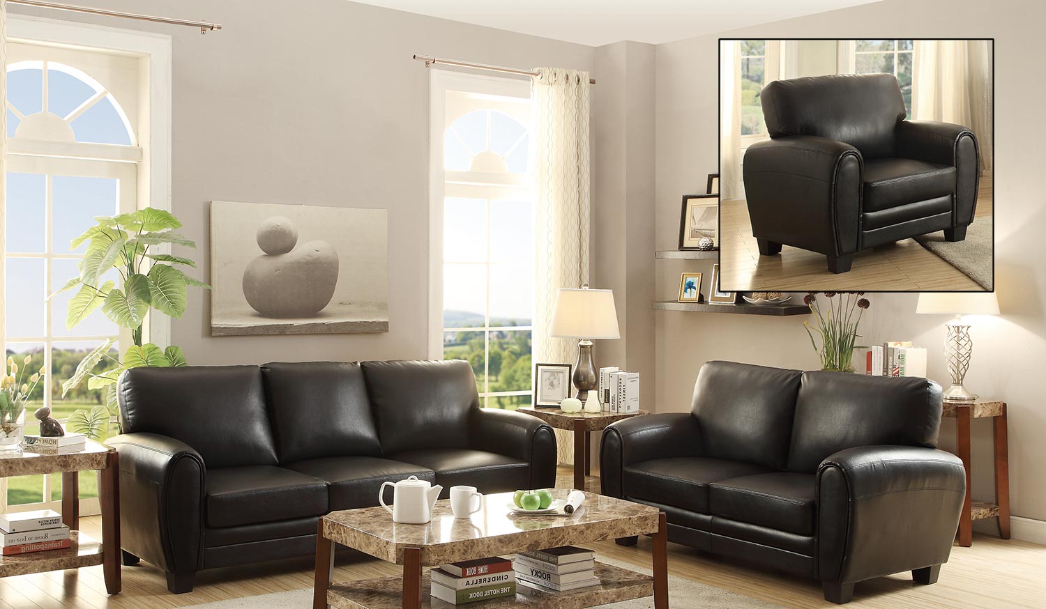 9734BK-2Pc Rubin Canapé 2 pièces et causeuse en noir