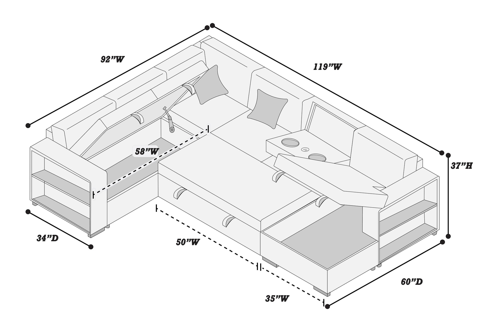 Canapé-lit sectionnel 4 pièces F8562 avec table rabattable et méridienne de rangement 